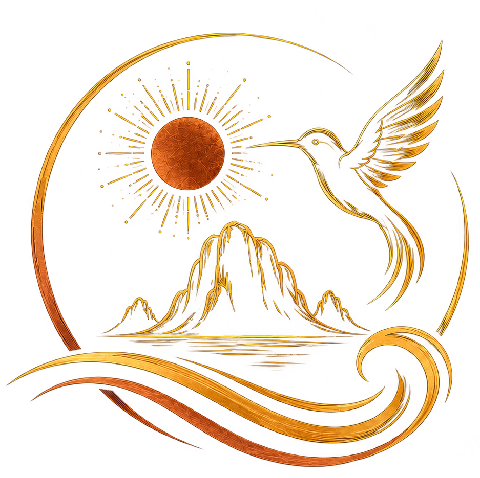 Bildmarke von Soul Energy Movement: goldener Vogel, Sonne und Berge